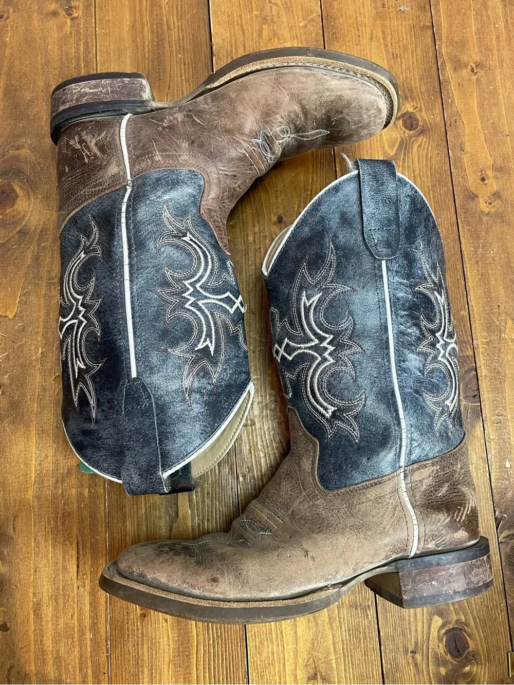Old west bsc1914 square toe cowboy boots black and brown leather boys size 2